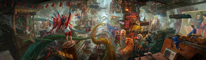 Fantasy Cityscape with Dragon and Performers