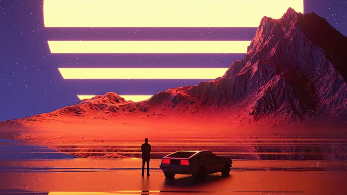 Man and DeLorean in a retro-futuristic landscape