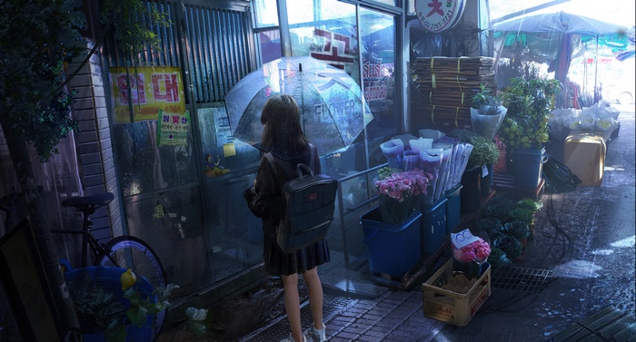 Anime girl with umbrella in front of a flower shop