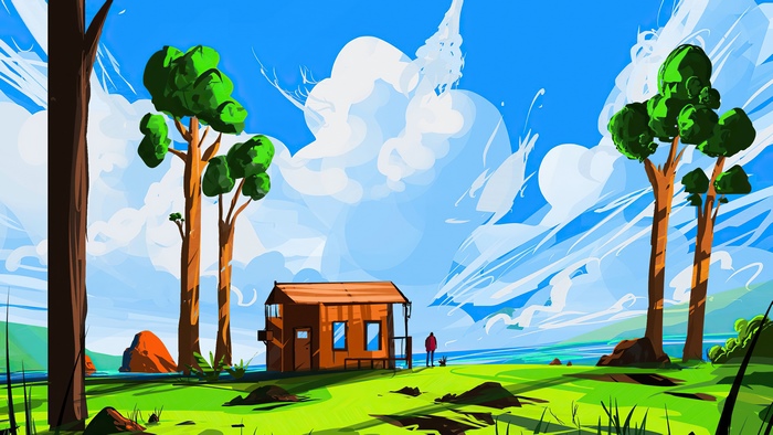 Digital art of a house by the water