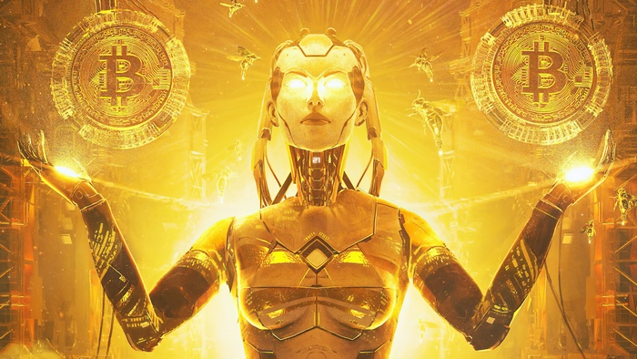 Robot holding Bitcoin and light, digital art