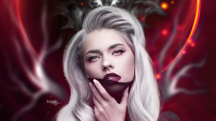 Digital art of a woman with white hair wearing a mask