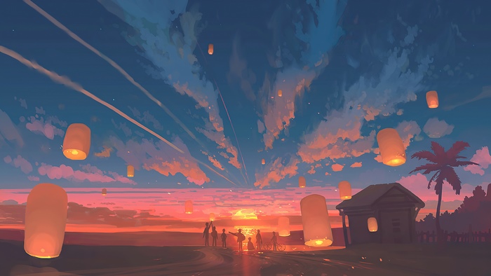 Digital art of lanterns at sunset