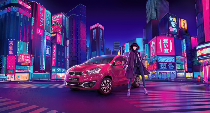 Mitsubishi Space Star in a neon-lit city with a woman