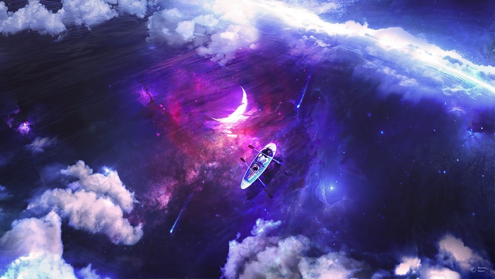 Boat sailing through a cosmic nebula with a crescent moon