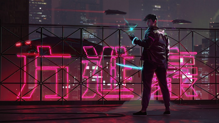 Cyberpunk man with glowing sword on rooftop
