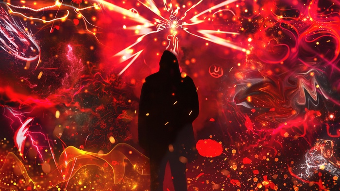 Hooded figure in abstract red digital art