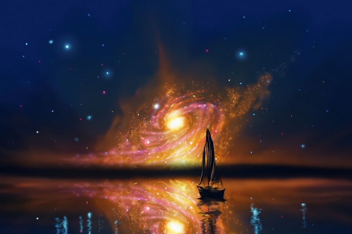 Sailboat in front of a galaxy reflection