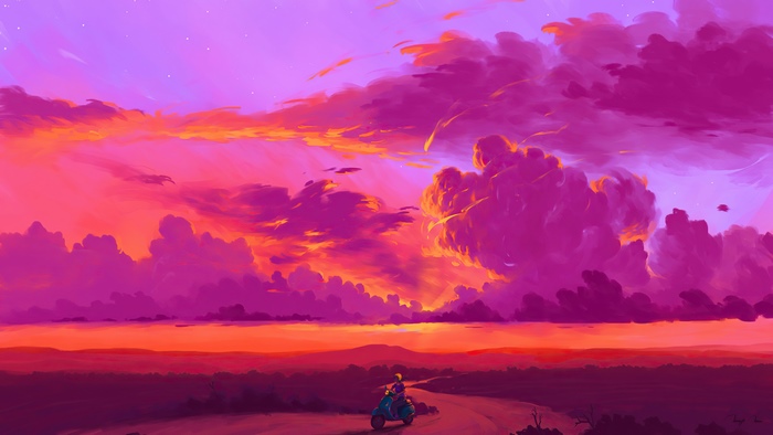 Digital art of a person on a scooter at sunset
