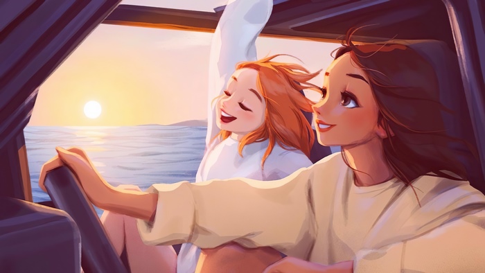 Two girls in a car watching the sunset over the ocean