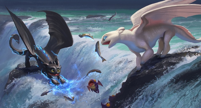 Toothless and Light Fury from How to Train Your Dragon fishing