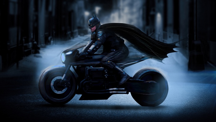Batman riding a motorcycle in a dark alley