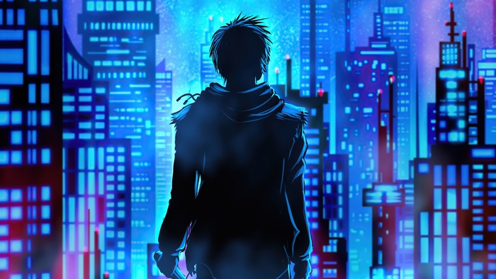 Silhouette of a boy in a neon city