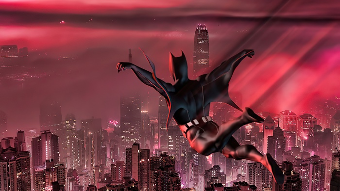Batman Beyond flying over a foggy city at night