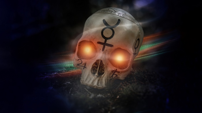 Digital art of a skull with occult symbols