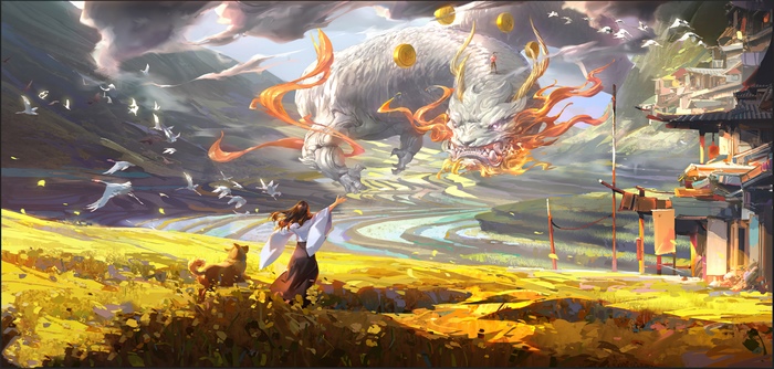 Mythical Creature and Girl in Golden Field