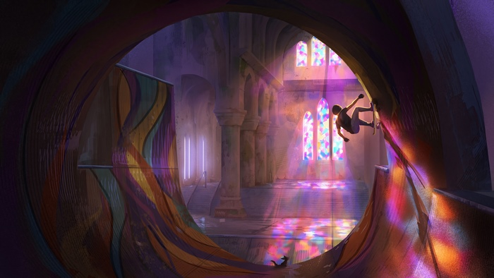 Skateboarder in a colorful church with stained glass
