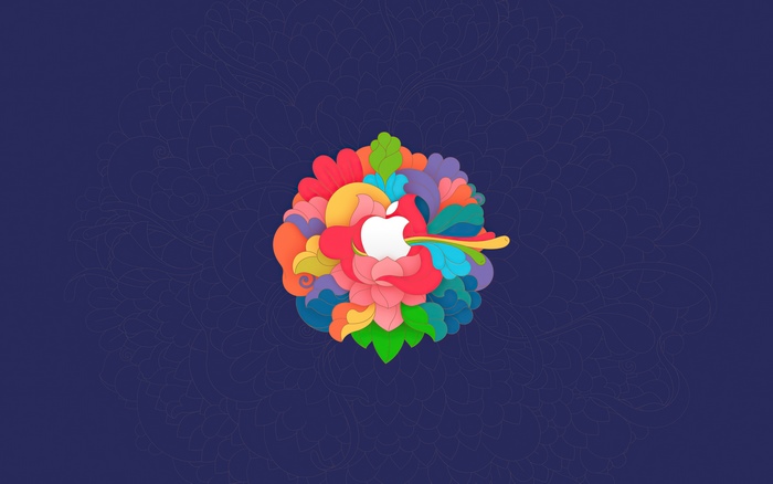 Apple logo with colorful floral design on dark blue background