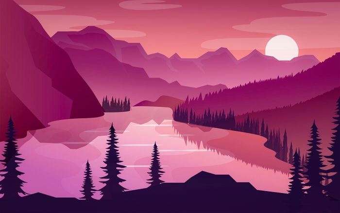 Minimalist mountain lake landscape at sunrise