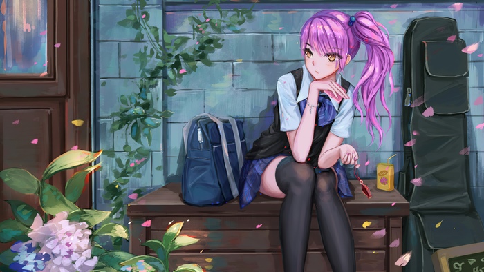 Anime girl with purple hair sitting with a backpack