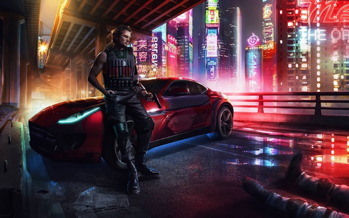 Cyberpunk man with gun and car in neon city