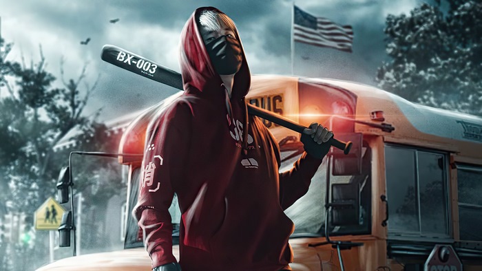 Artwork of a person with a baseball bat and a school bus