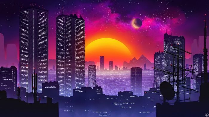 Retrowave Sunset Cityscape Digital Artwork