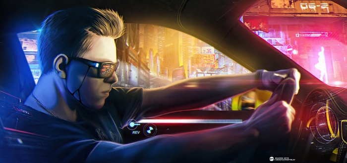 Cyberpunk man driving a futuristic car