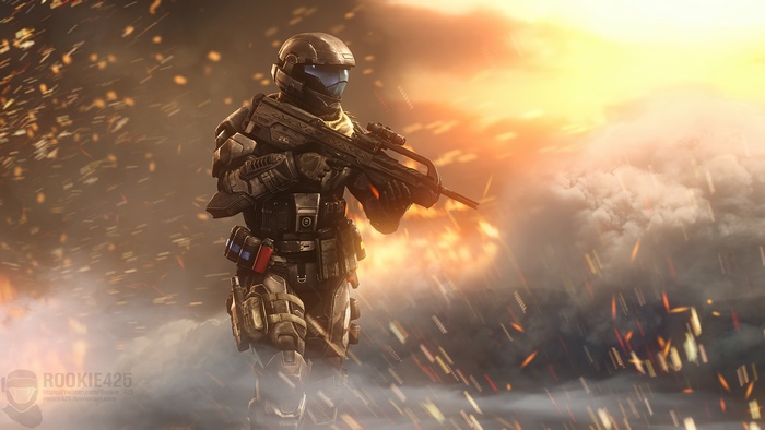 Halo 4K soldier with assault rifle in fiery background