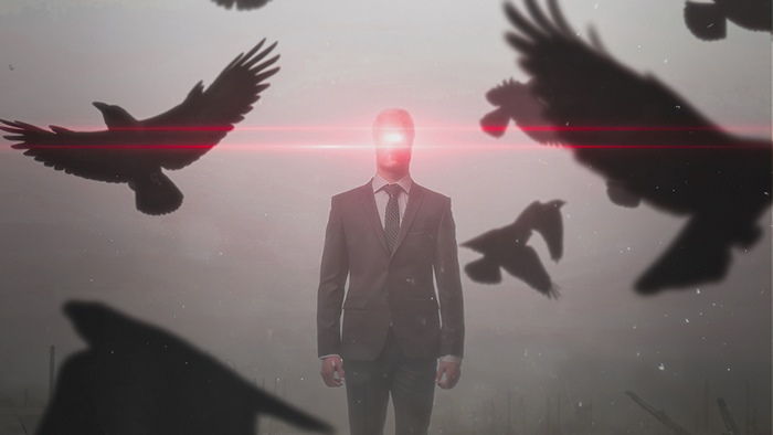 Man in Suit Surrounded by Crows