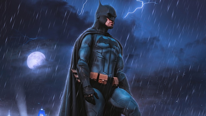 Batman in the rain with lightning and moon