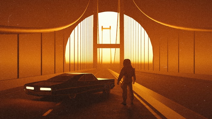Astronaut and car on a bridge at sunset