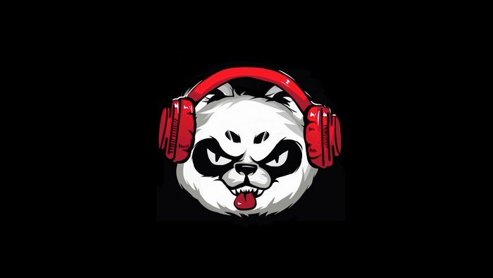 Panda with red headphones on black background