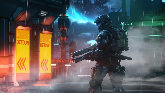 Halo soldier with dual weapons in rainy city