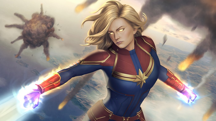 Captain Marvel in battle with explosions