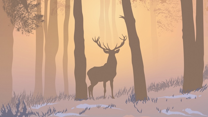 Minimalist deer in a foggy forest at sunrise