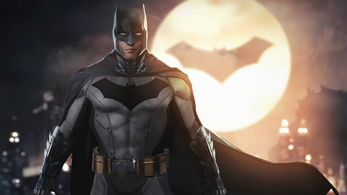 Batman in front of a large moon with bat symbol