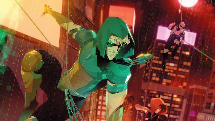 Green Arrow and allies in a rainy city