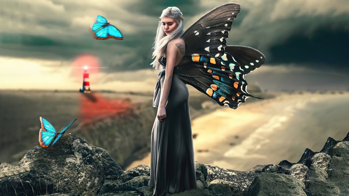 Fairy with butterfly wings and lighthouse