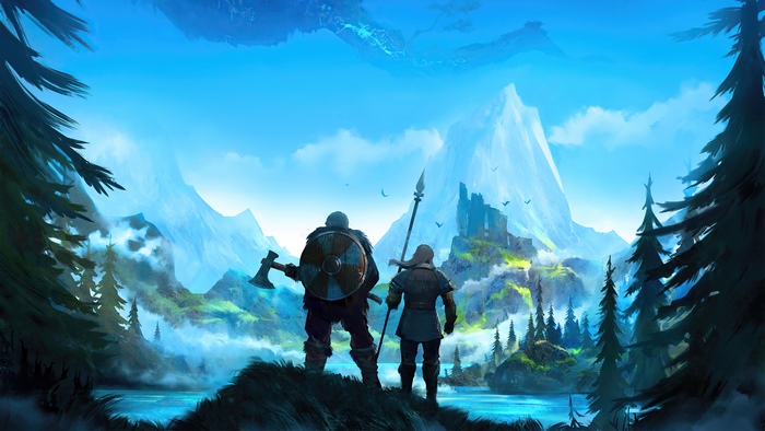 Two Vikings in Valheim looking at mountains