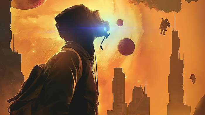 Man in gas mask looking at alien planets and city