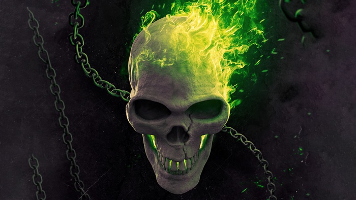 Ghost Rider skull with green flames and chains