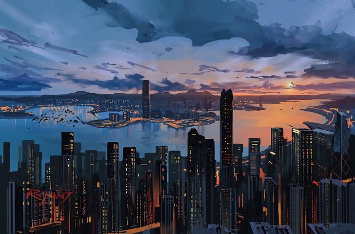 Digital artwork of Hong Kong skyline at sunset