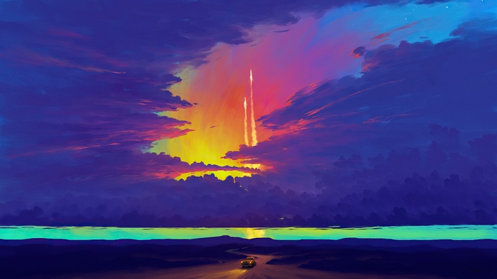Digital Art of Rockets Launching at Sunset