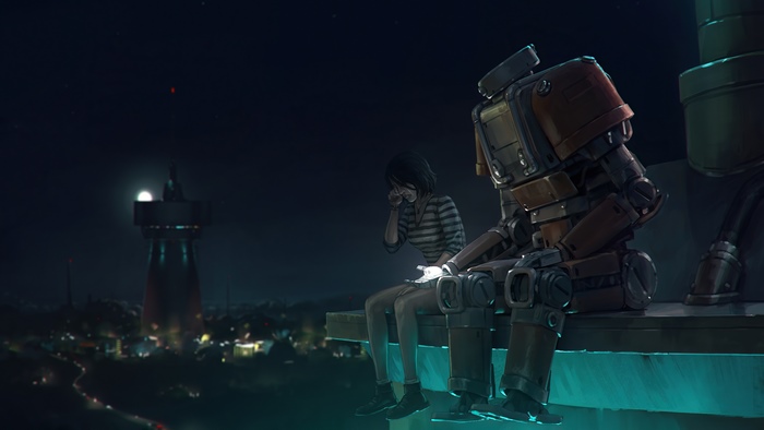 Girl and robot sitting on a rooftop at night