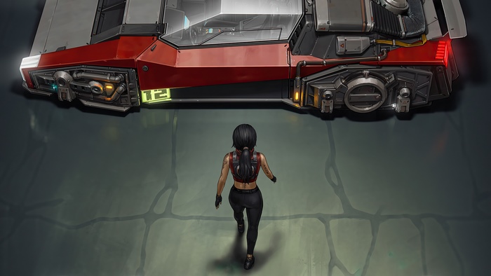 Sci-fi artwork of a woman approaching a spacecraft