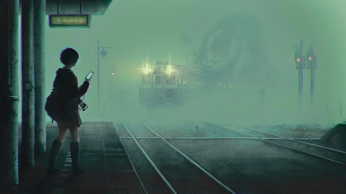 Girl at foggy train station with monster