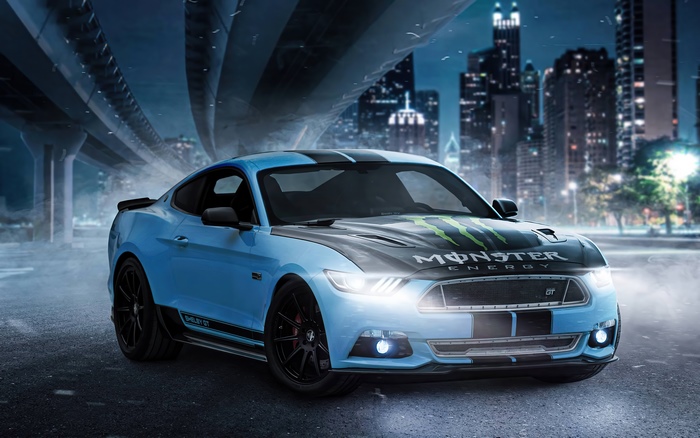 Blue Ford Mustang GT with Monster Energy livery
