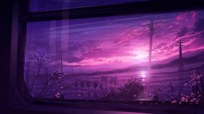 Anime train window view of purple sunset over landscape