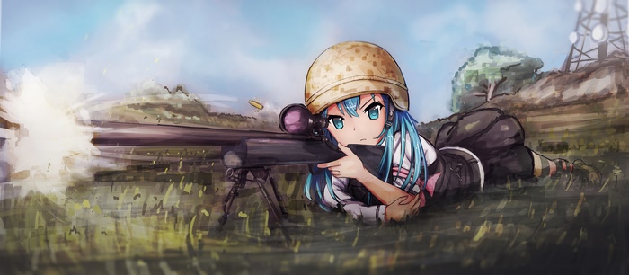 Anime girl sniper from PUBG firing a rifle